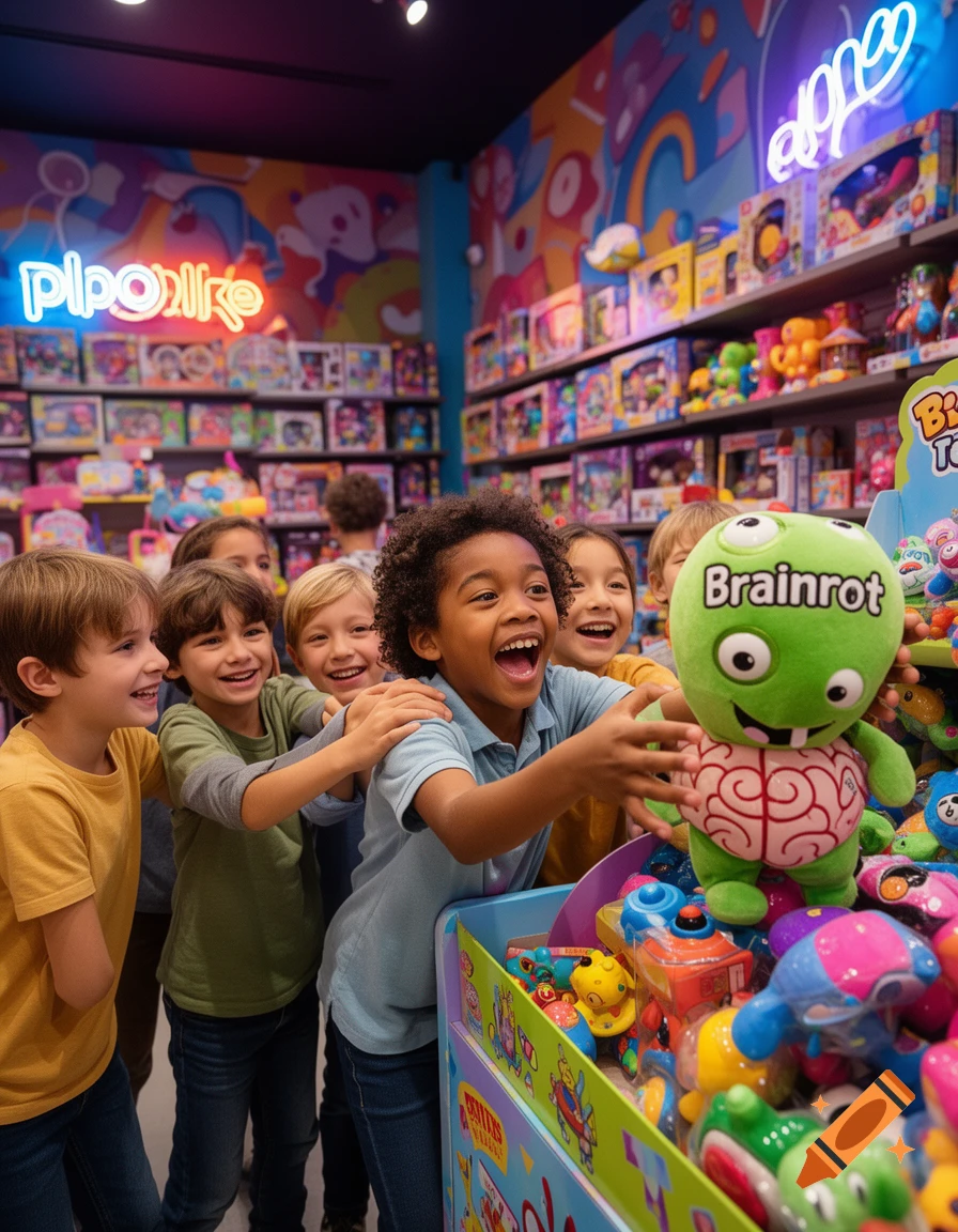 Group of happy children reaching for a green "Brainrot" plush toy in a brightly lit toy store with colorful shelves.