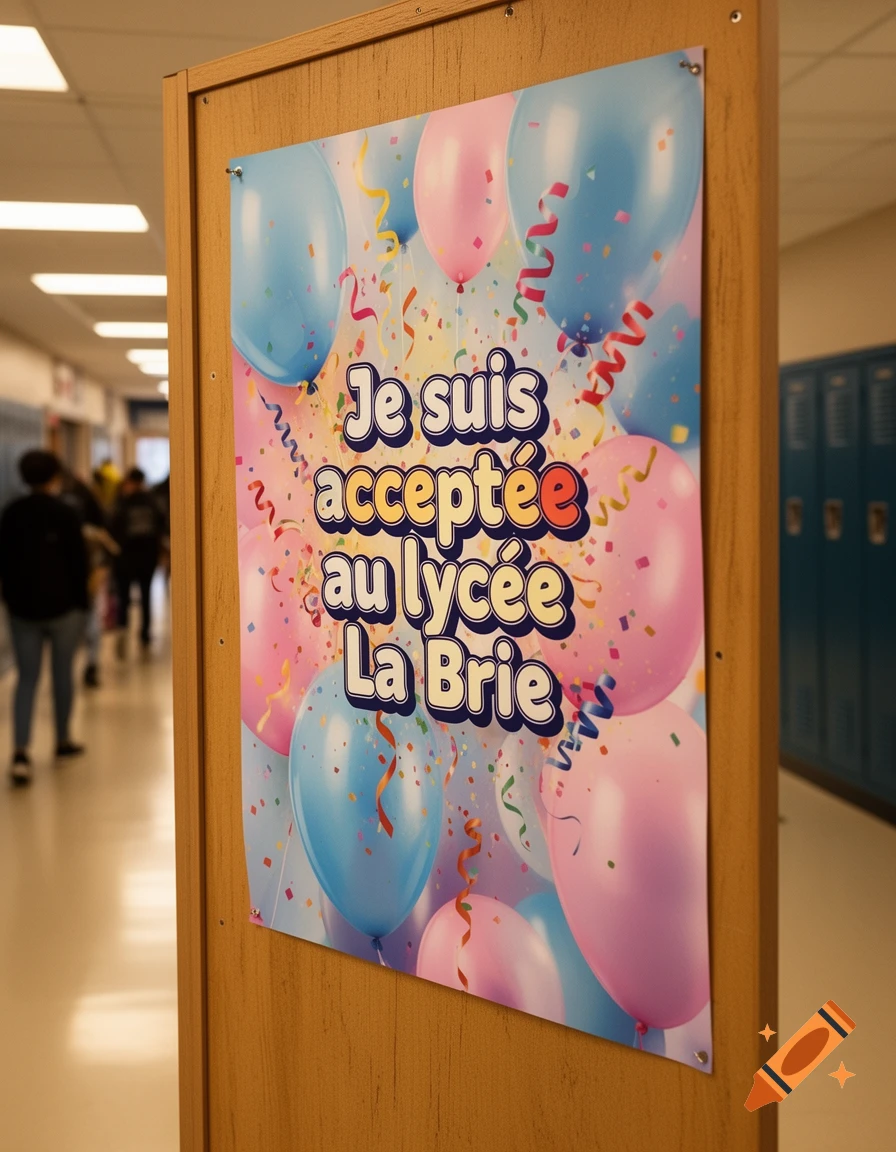 A poster with pink and blue balloons and confetti in a school hallway reads 'Je suis acceptée au lycée La Brie'.