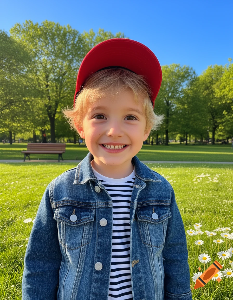 A smiling young boy with blonde hair in a red baseball cap and denim jacket stands in a sunny park with green grass and trees.