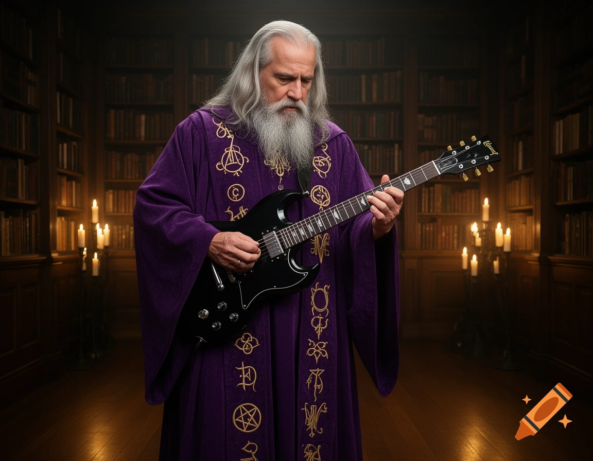 A bearded wizard in purple robes, adorned with arcane symbols, plays a black electric guitar in a dimly lit, candlelit library. Photorealistic.