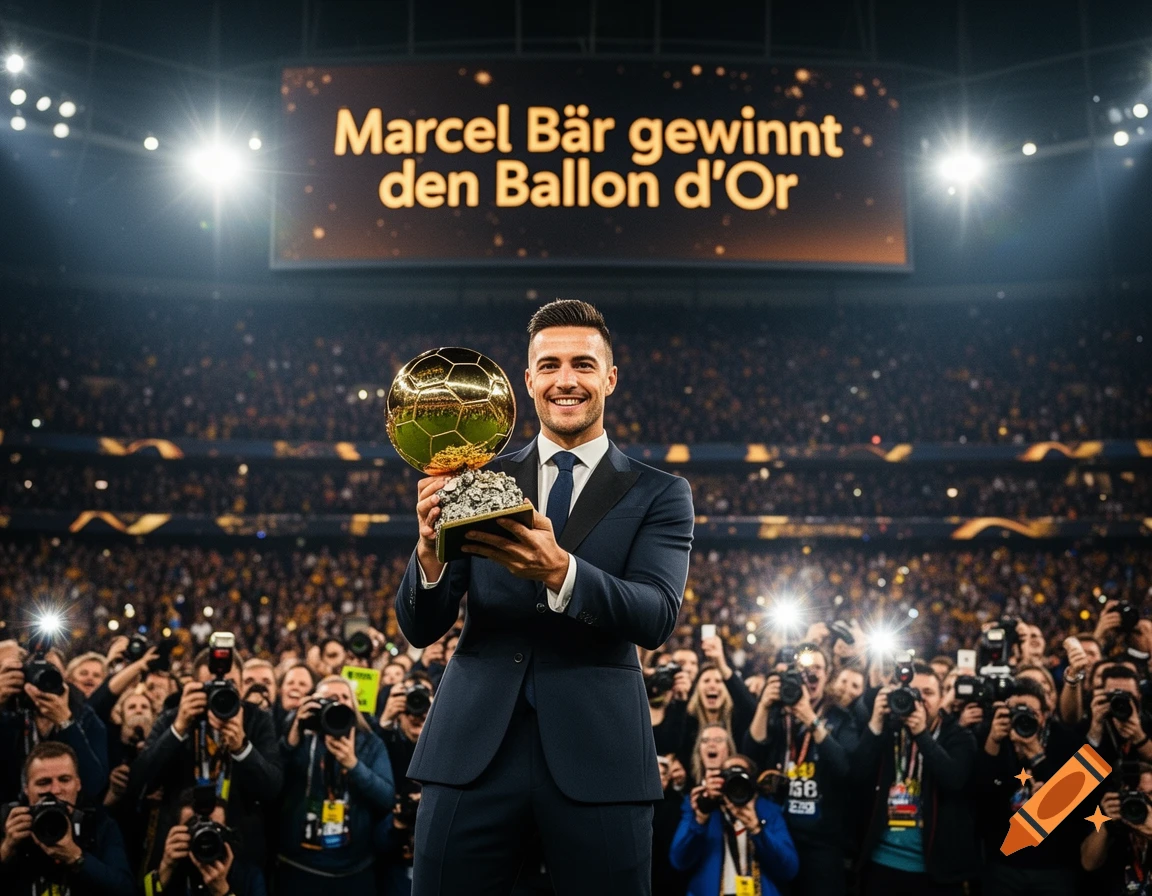A smiling man in a suit holds a golden soccer ball trophy aloft on a stage, surrounded by a crowd of photographers and stadium lights. A large screen behind him reads "Marcel Bär gewinnt den Ballon d'Or".
