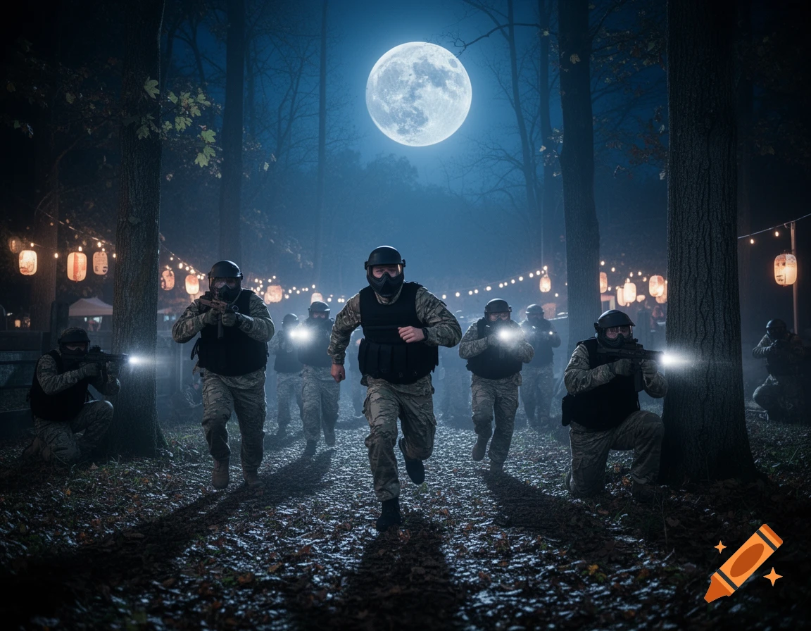 Photorealistic image of airsoft players running through a misty forest at night under a full moon, carrying rifles with flashlights.