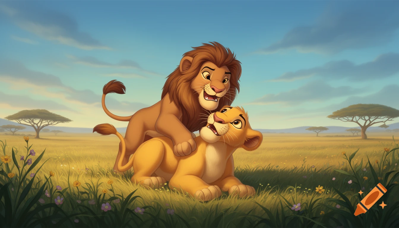 A cartoon adult male lion playfully pins a younger lion in a golden savanna with scattered acacia trees under a blue sky.