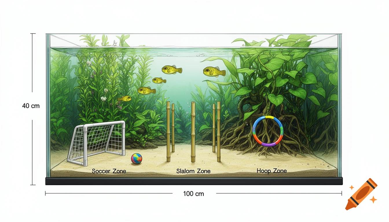 A detailed illustration of a freshwater aquarium with a sand bed divided into three training zones: a soccer zone with a goal and ball, a slalom zone with bamboo poles, and a hoop zone with a colorful ring. Several yellow-green pufferfish swim among lush green aquatic plants. Dimensions 100 cm long, 40 cm high are labeled.