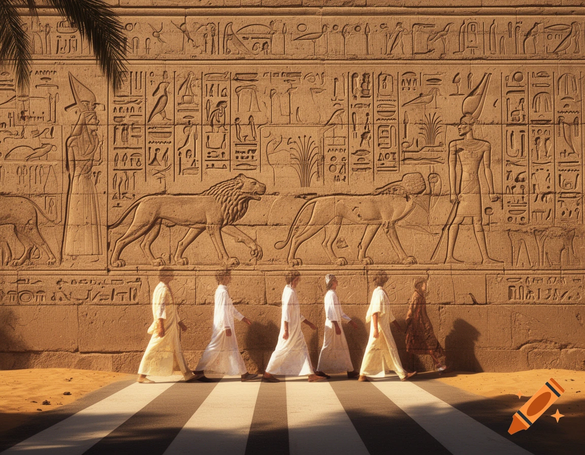 Six people walk across a zebra crossing in front of an ancient Egyptian stone wall with hieroglyphs and carvings, lit by sunlight.