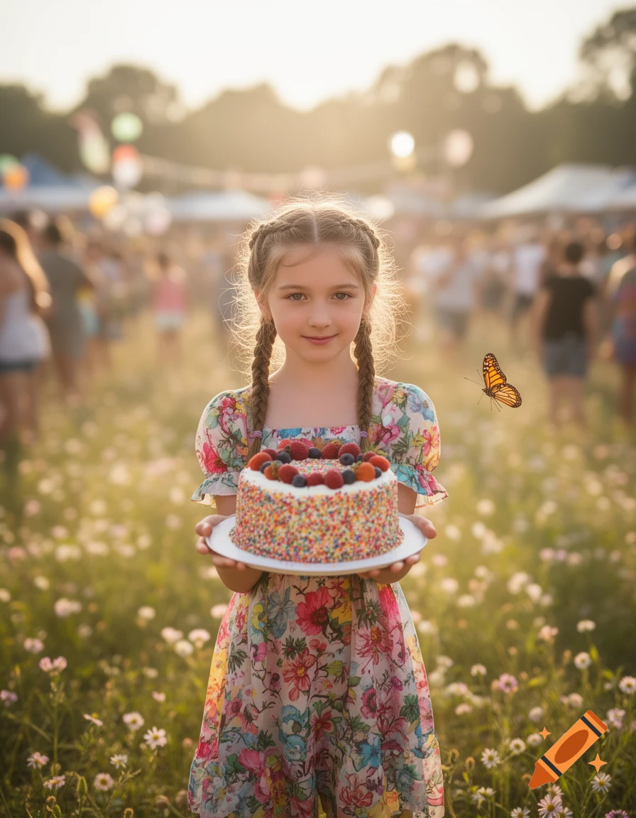 Young girl with braided hair holds a sprinkle cake in a sunny flower field with a butterfly.