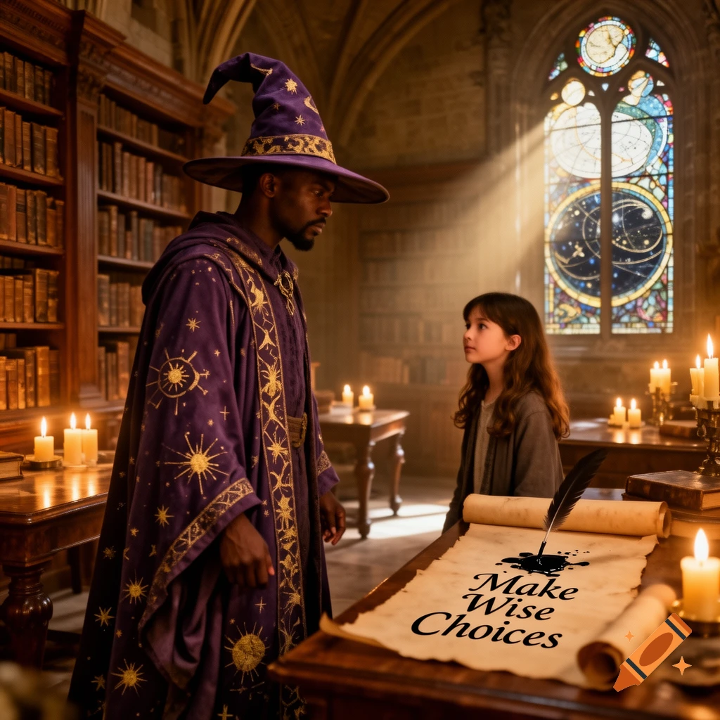 A wizard in a purple robe and hat stands with a young girl in a library, a scroll on a table reads 'Make Wise Choices'.