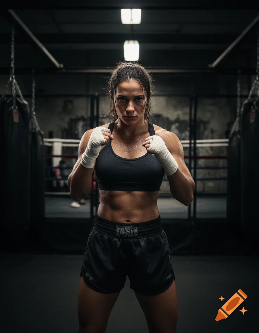 A muscular female boxer with wrapped hands stands confidently in a boxing gym, looking intently at the camera.