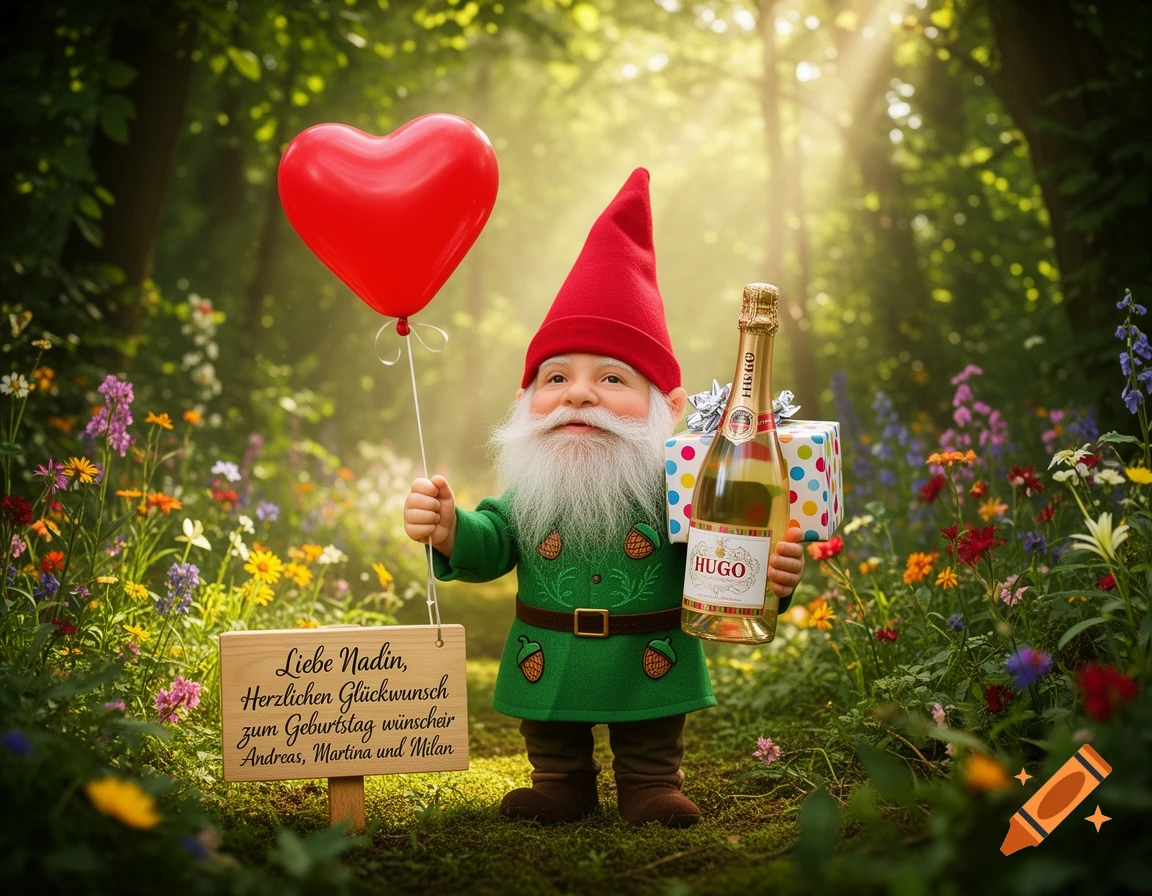 A cheerful gnome in a green outfit and red hat holds a red heart balloon, a bottle of Hugo, and a polka-dot gift box in a sunlit forest. A sign beside him reads a birthday message.
