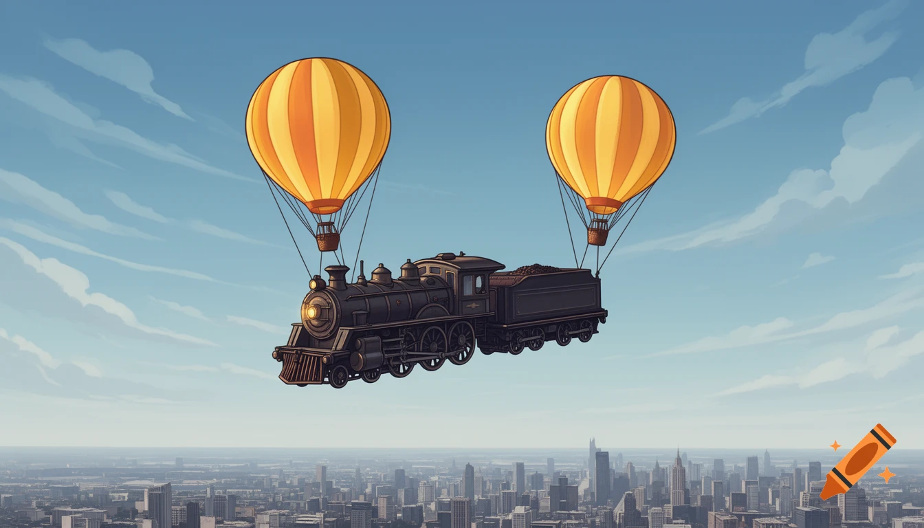 A stylized illustration of a black steam locomotive suspended in the air by two yellow-orange hot air balloons, floating above a distant city.
