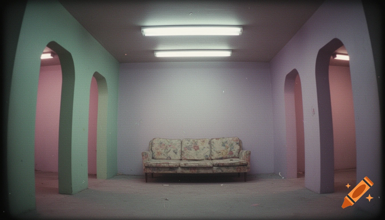 A grainy, VHS-style image of a pastel-colored liminal space with a floral couch and arched doorways.