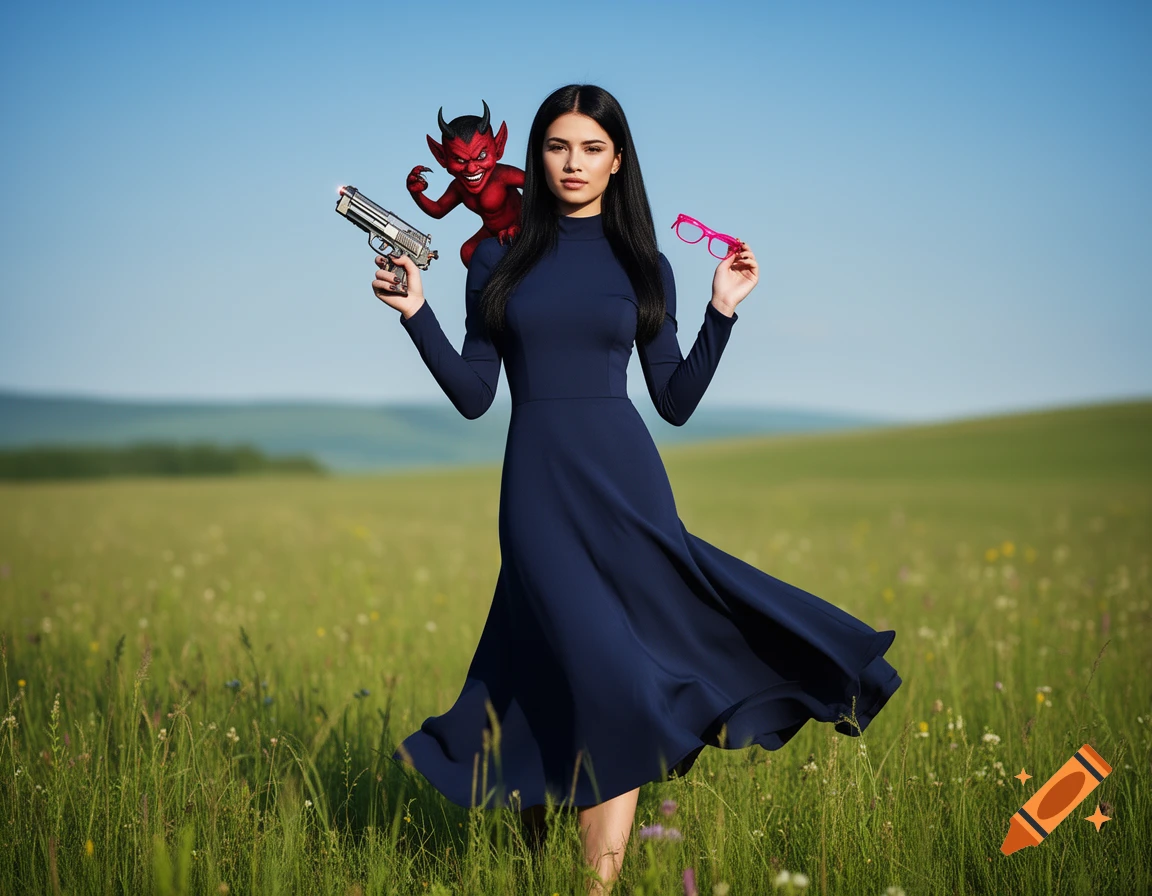 A young woman in a dark blue dress stands in a grassy field, with a small red devil on her shoulder holding a silver gun and pink glasses.