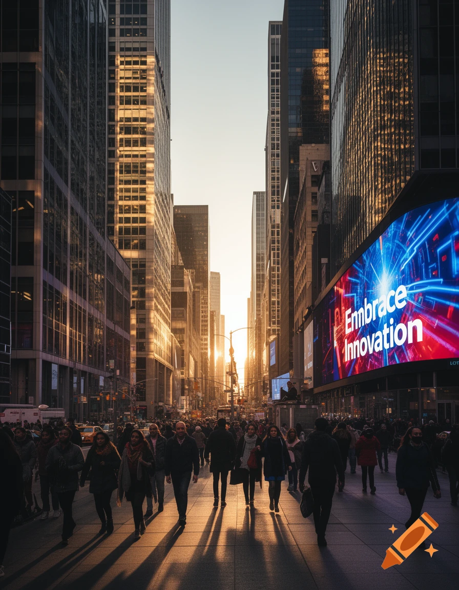 A photorealistic image of a busy city street at sunset, with tall skyscrapers, a crowd of people walking, and a large billboard displaying 'Embrace Innovation'.