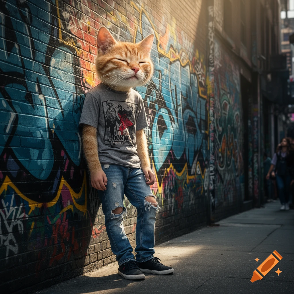 A person with an orange tabby cat head, wearing ripped jeans and a t-shirt, leans against a brightly colored graffiti wall in an urban alley.