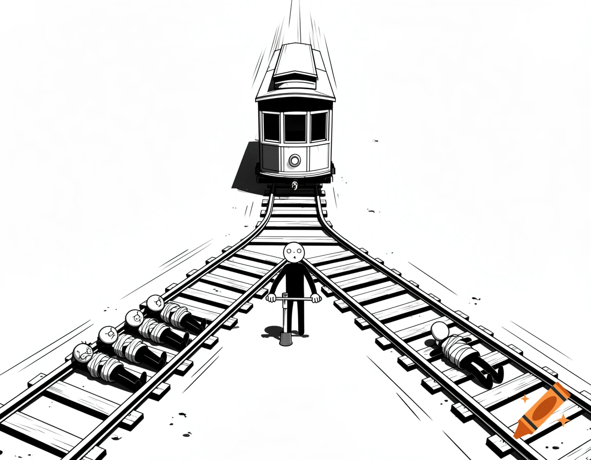 Black and white vector illustration of the Trolley Problem: a stickman at a track switch, five figures tied left, one tied right, trolley approaches.
