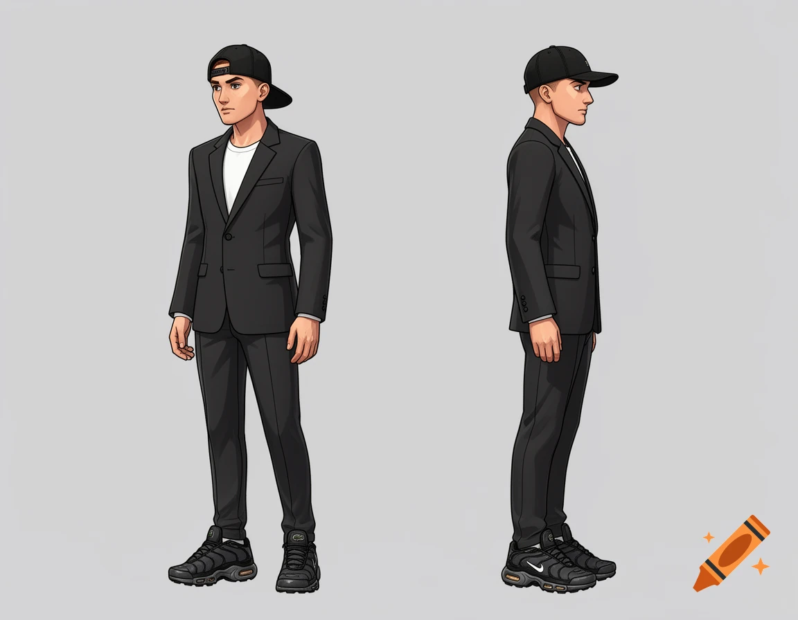 A 2D illustrated male character in a black suit, white t-shirt, black baseball cap worn backward, and black sneakers, shown from the front and side view on a grey background.