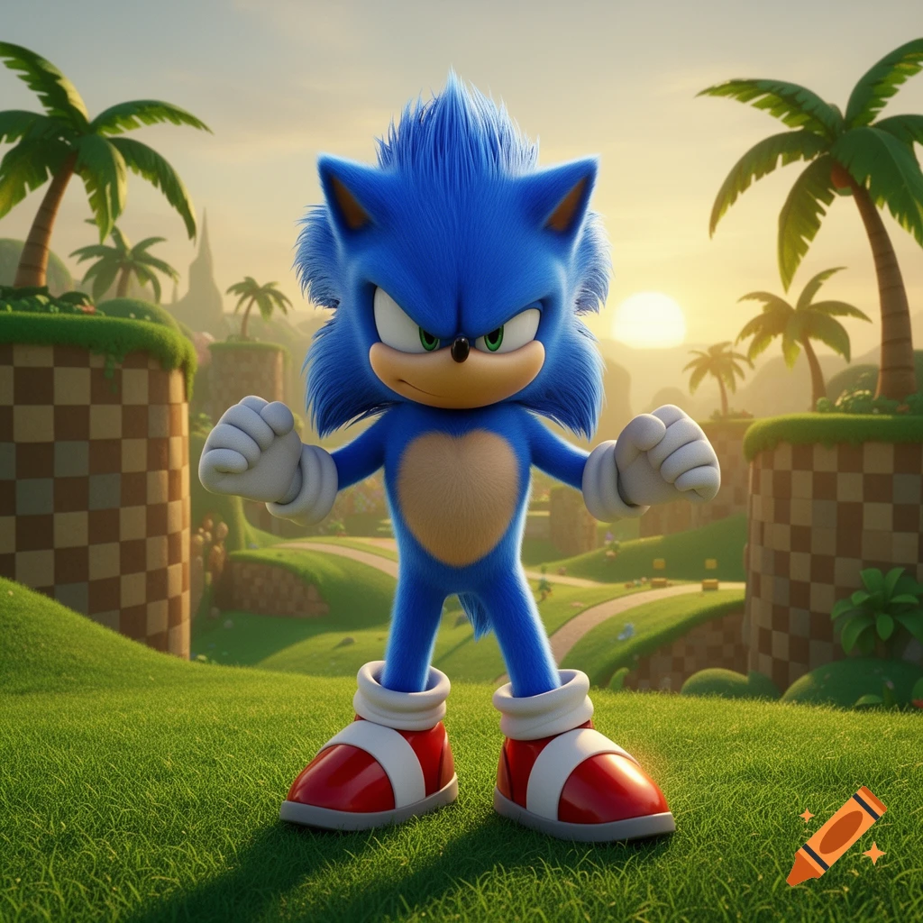 Sonic the Hedgehog stands in a T-pose in a vibrant, grassy landscape with palm trees and checkered hills at sunset.