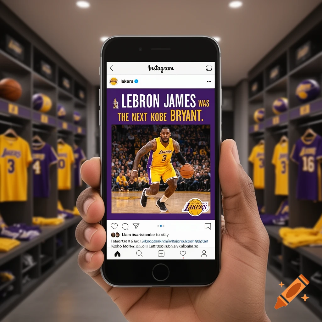 A hand holds a smartphone displaying an Instagram post from the Lakers account. The post features a photo of LeBron James playing basketball and a headline that reads, "LEBRON JAMES WAS THE NEXT KOBE BRYANT." The background shows a blurry locker room.