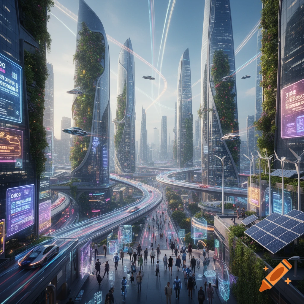 A bustling, vibrant futuristic city with towering green skyscrapers, flying cars, elevated highways, and crowds of people on the ground.