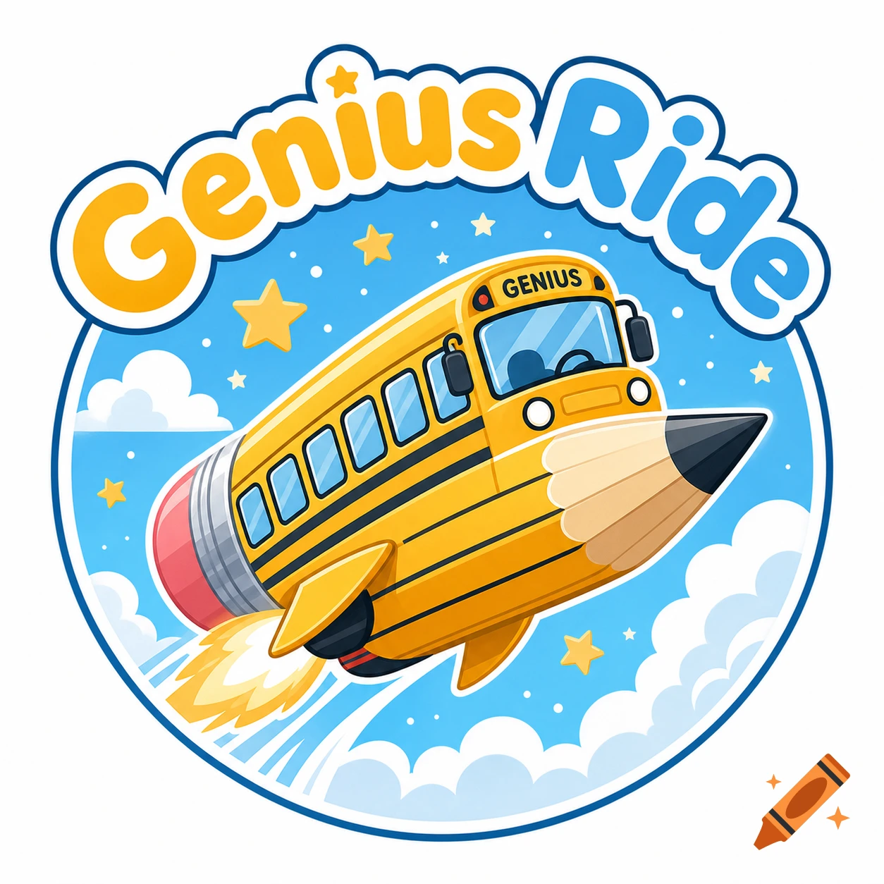 A cartoon logo features a yellow school bus with a pencil nose and rocket engine, flying through a blue sky with clouds and stars. The text "Genius Ride" arches above.