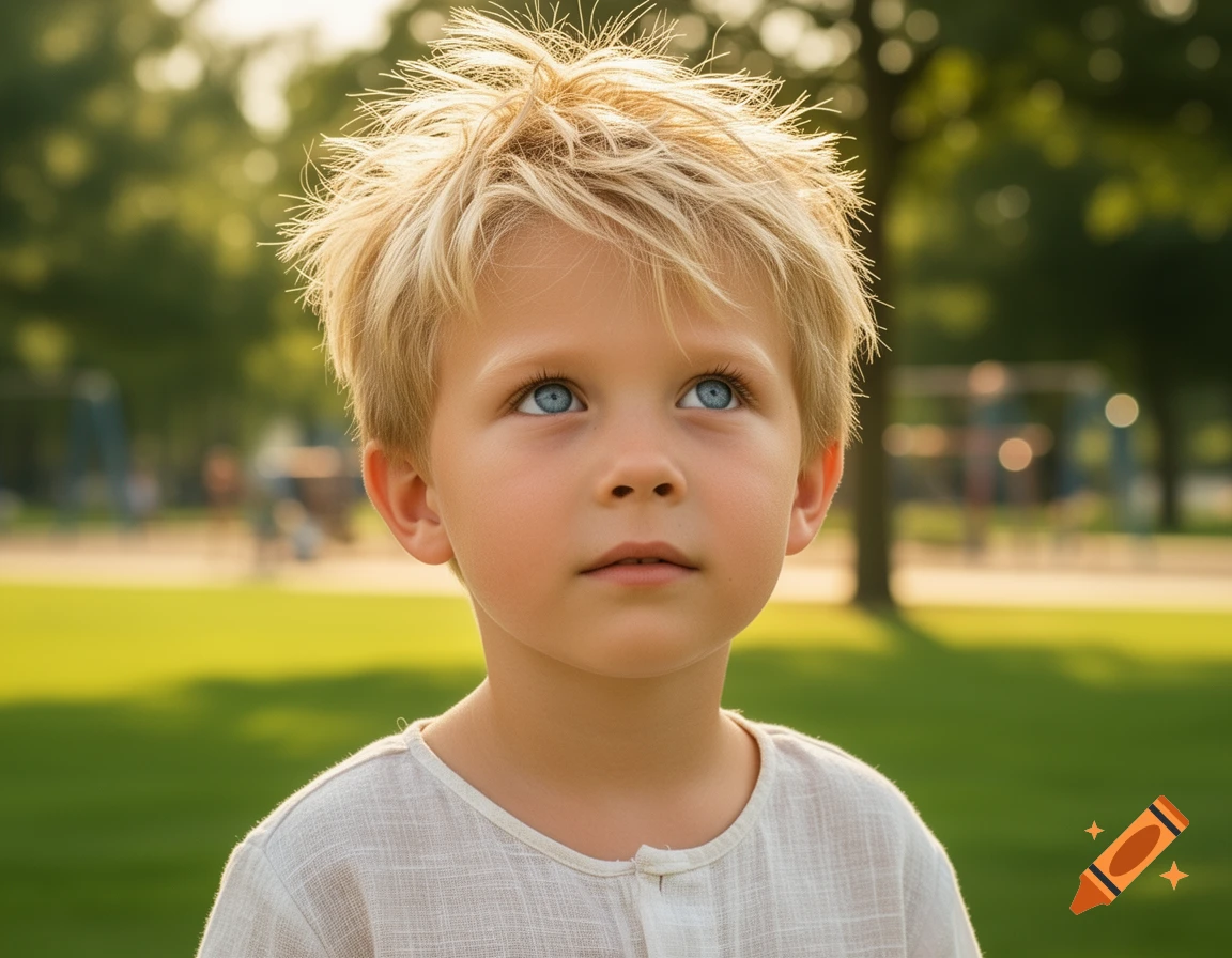 A photorealistic portrait of a young blonde boy with blue eyes looking up, outdoors in a sunny park.