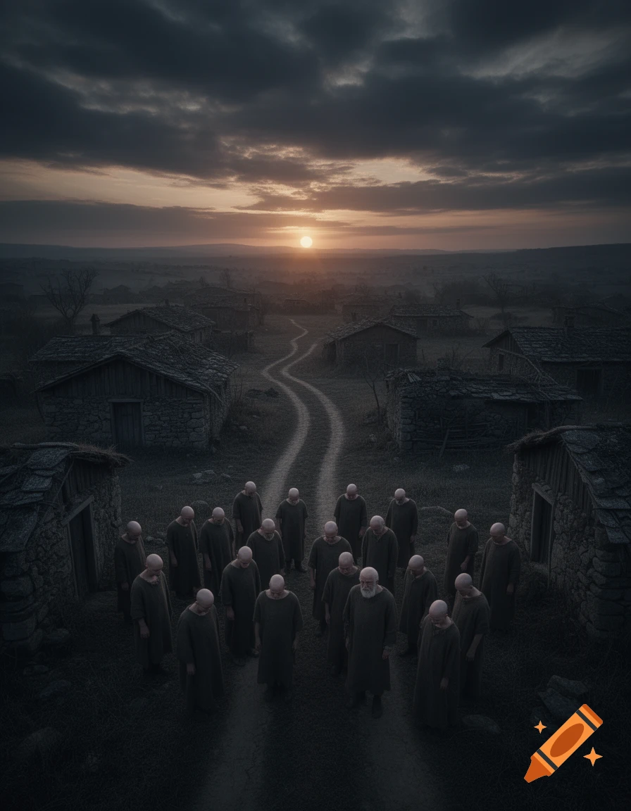 A group of bald men in dark robes stand in a desolate village at sunset, creating a somber atmosphere.