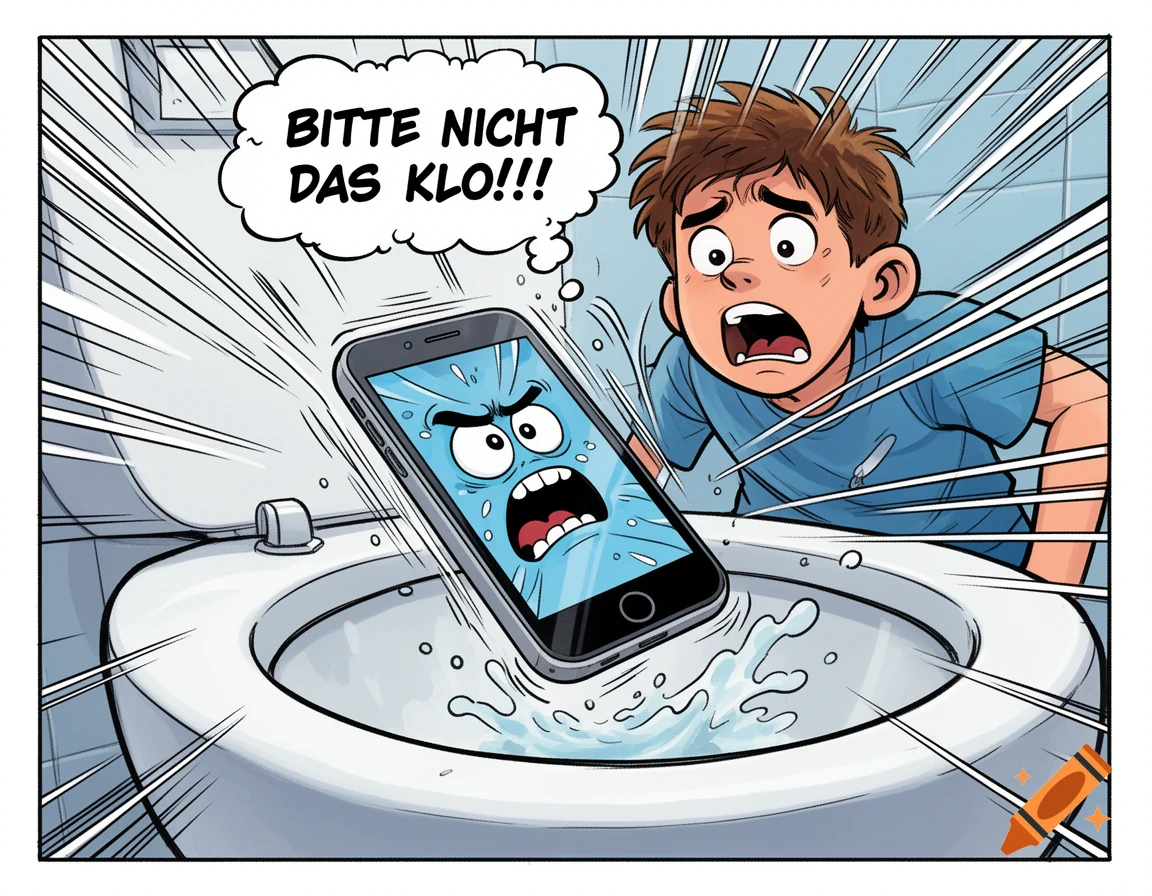A panicked boy watches his cartoon-faced smartphone fall into a toilet, with a thought bubble saying 'Please not the toilet!!!' in a comic book style.