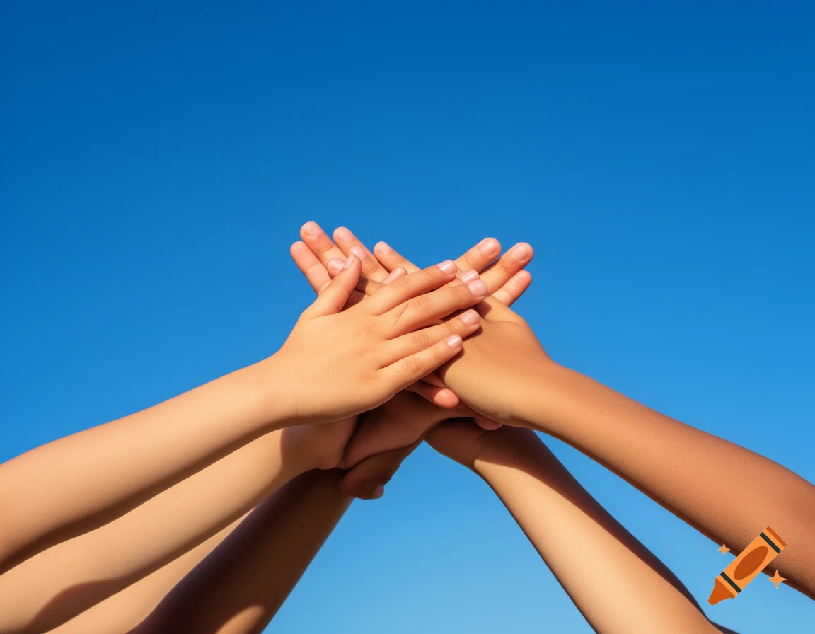 Multiple children's hands with varying skin tones are stacked and intertwined, reaching upwards against a bright blue sky.
