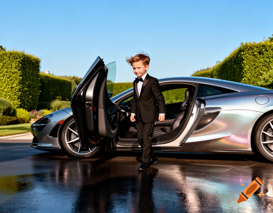 A young boy in a black tuxedo steps out of a silver McLaren sports car onto a wet asphalt path with green hedges.