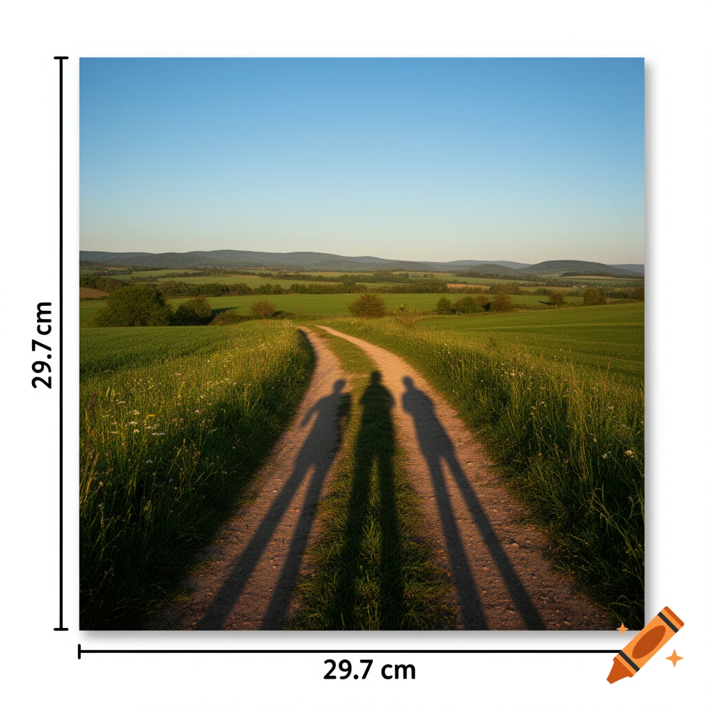 Photorealistic image of three long shadows stretching across a winding dirt path through green fields under a clear blue sky.