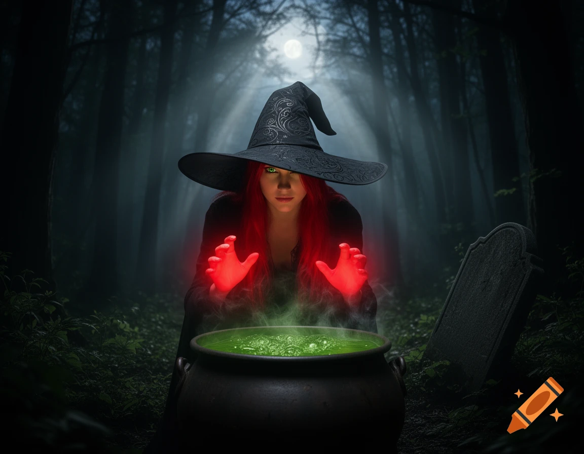 A red-haired witch with a hat and glowing hands stirring a green potion in a cauldron in a dark, moonlit forest with a gravestone.
