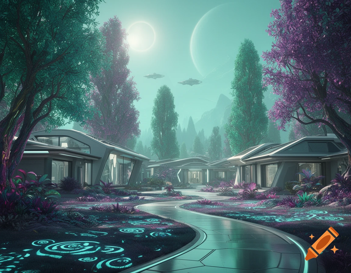 Futuristic houses and exotic teal and purple trees line a glowing path on an alien planet, with flying saucers and two celestial bodies in the sky.