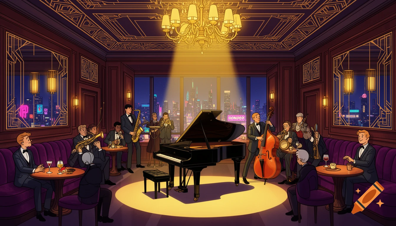 Cartoon jazz band performing in an elegant Art Deco lounge overlooking a city at night.