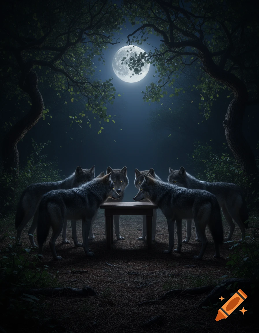 Five realistic gray wolves gather around a small wooden table in a dark forest under a bright full moon.