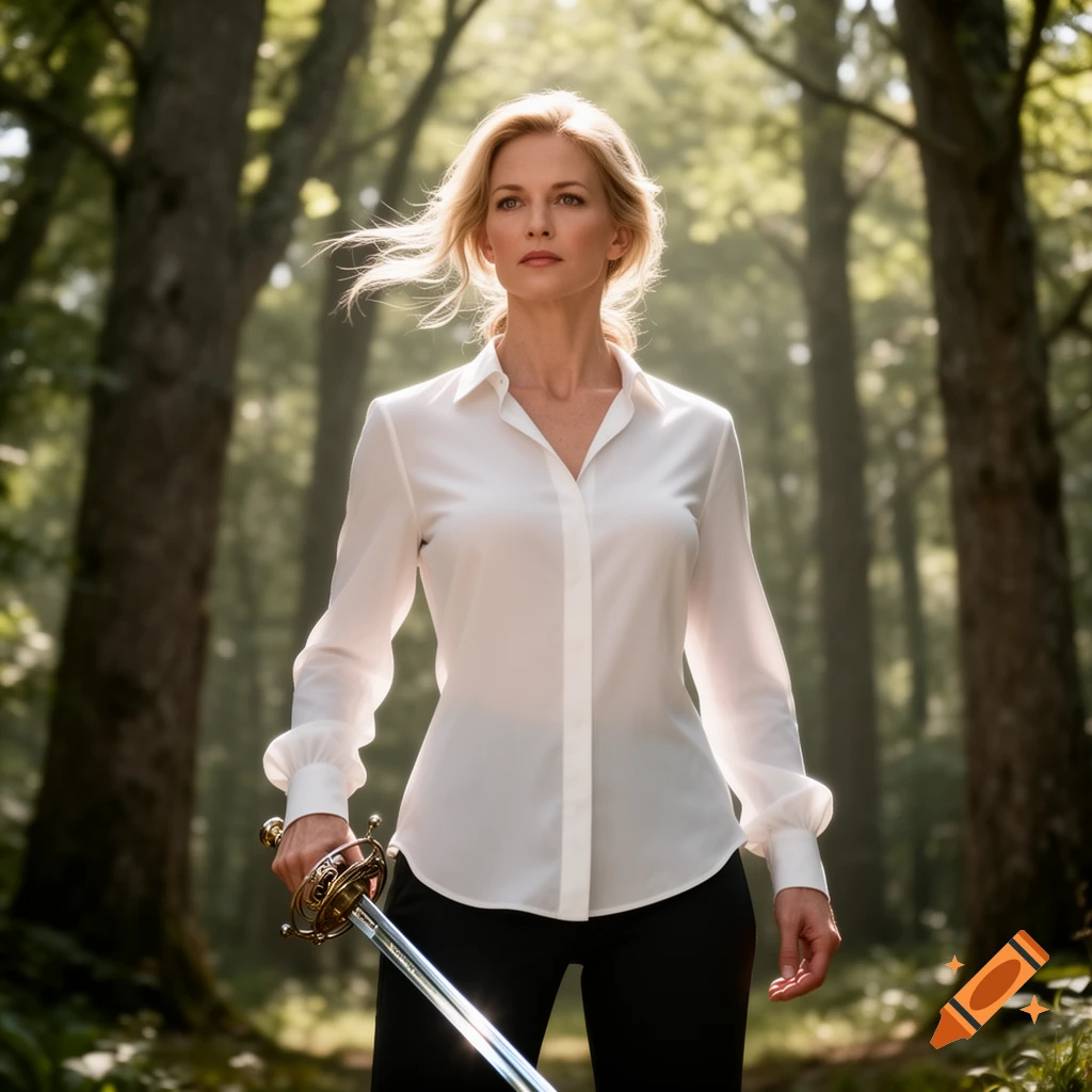 A blonde woman in a white blouse and black pants stands in a sunlit forest, holding a rapier. Photorealistic style.