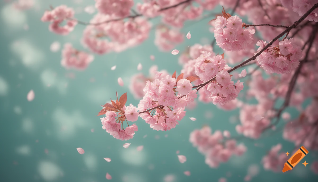 Close-up of pink cherry blossoms with falling petals against a soft teal background.
