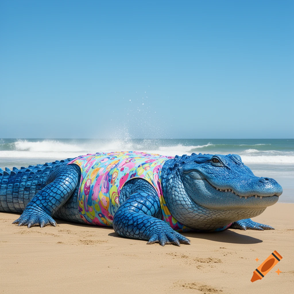 A vibrant blue crocodile wearing a colorful, patterned swimsuit lies on a sandy beach with ocean waves behind it.