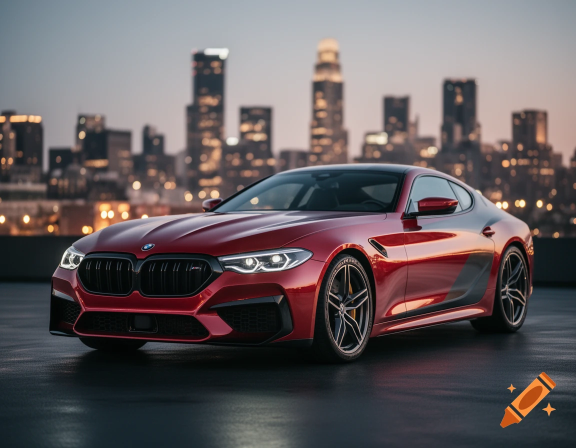 A red BMW sports car with Ferrari design elements parked on a rooftop against a city skyline at dusk.