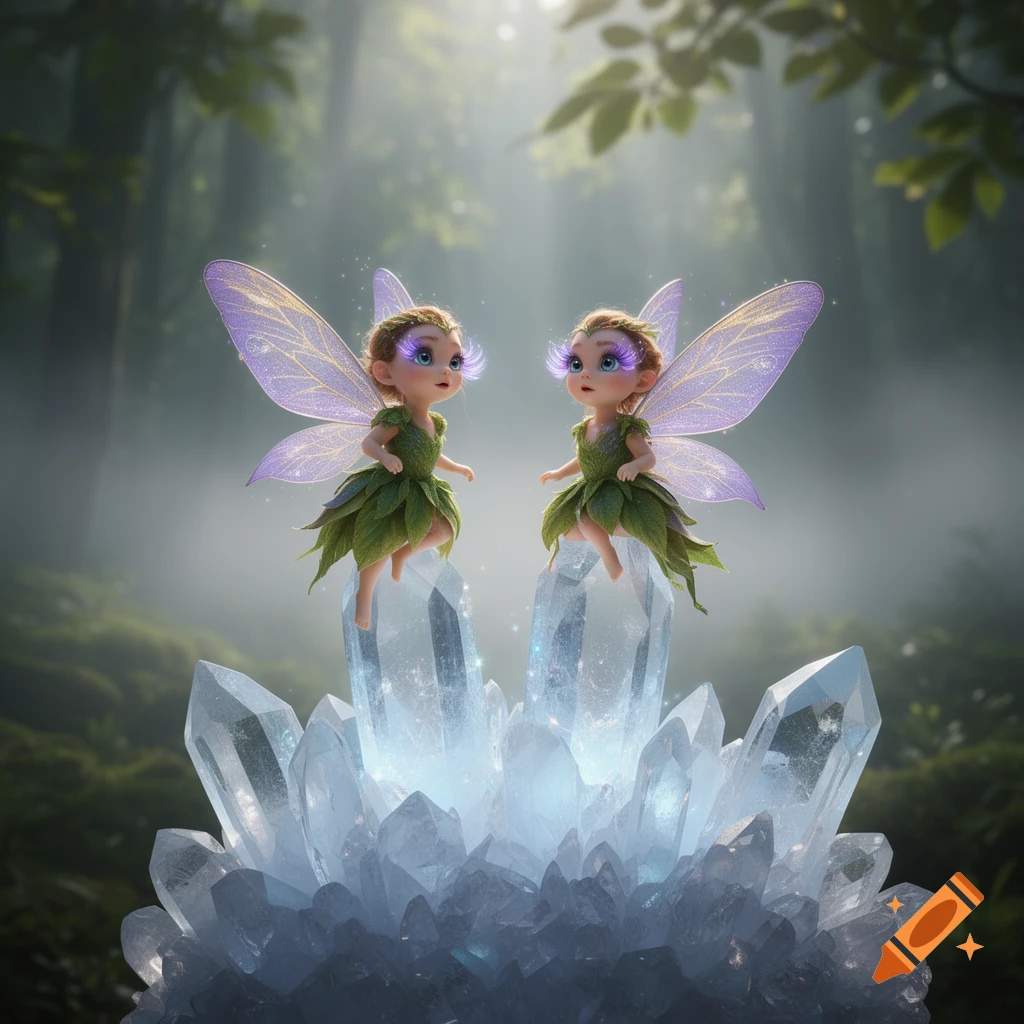 Two cute fairies with purple wings and green leafy dresses sit on glowing blue crystals in a mystical forest.