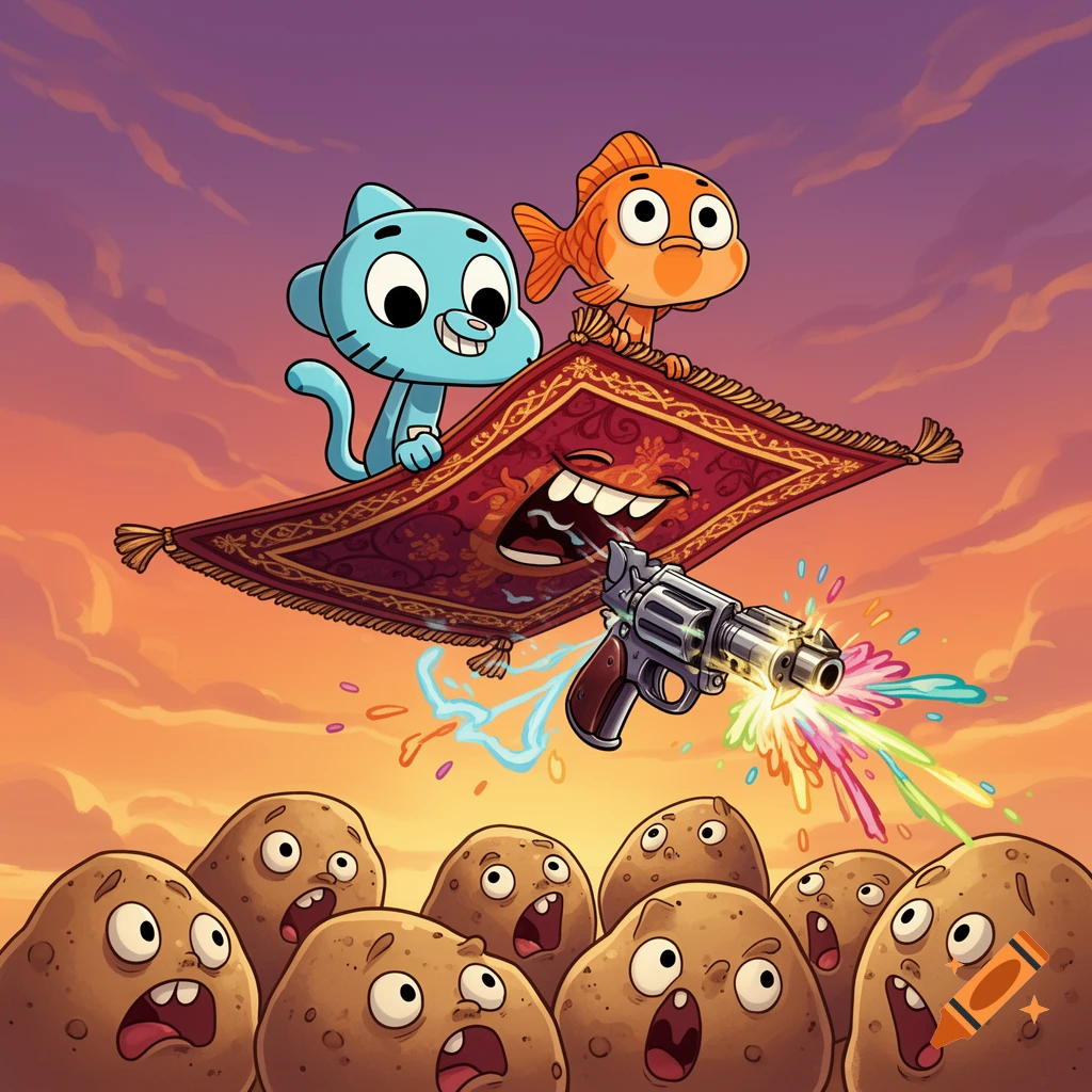 Cartoon Gumball and Darwin fly on a magic carpet with a face, a gun on the carpet shoots colorful streams at a crowd of scared potatoes.