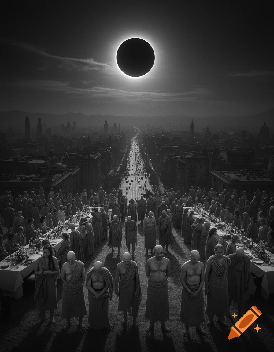 Monochrome scene of a total solar eclipse over a city, with many robed figures, some bald and bare-chested, gathered below.