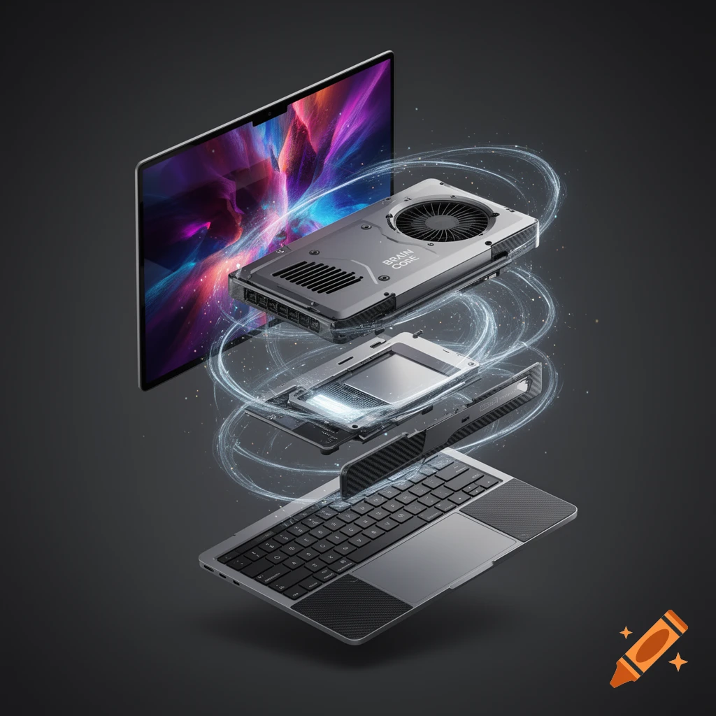 A modular MacBook design exploded view showing a high-resolution display, 'Brain Core' processing unit, and keyboard dock connected by glowing magnetic fields.