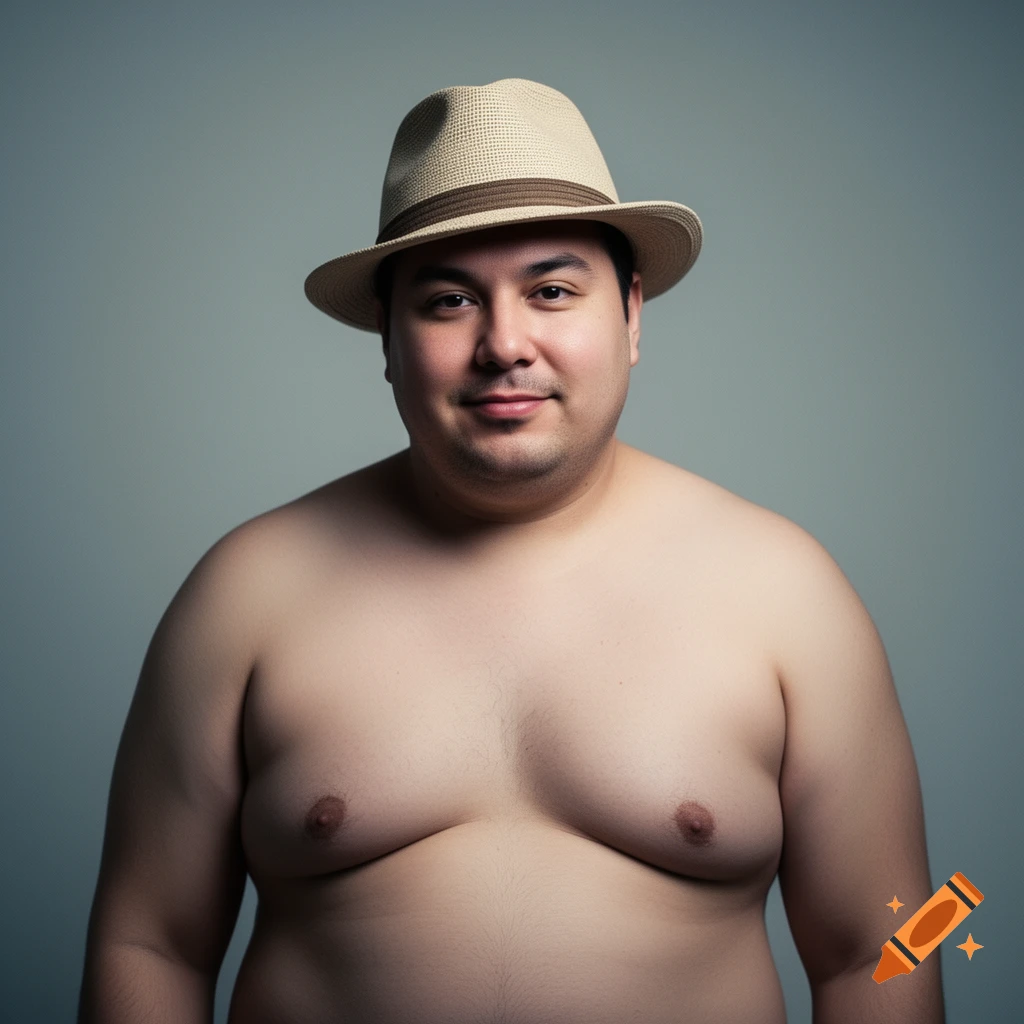 A smiling bare-chested man with a fedora hat looks directly at the camera in a photorealistic portrait.