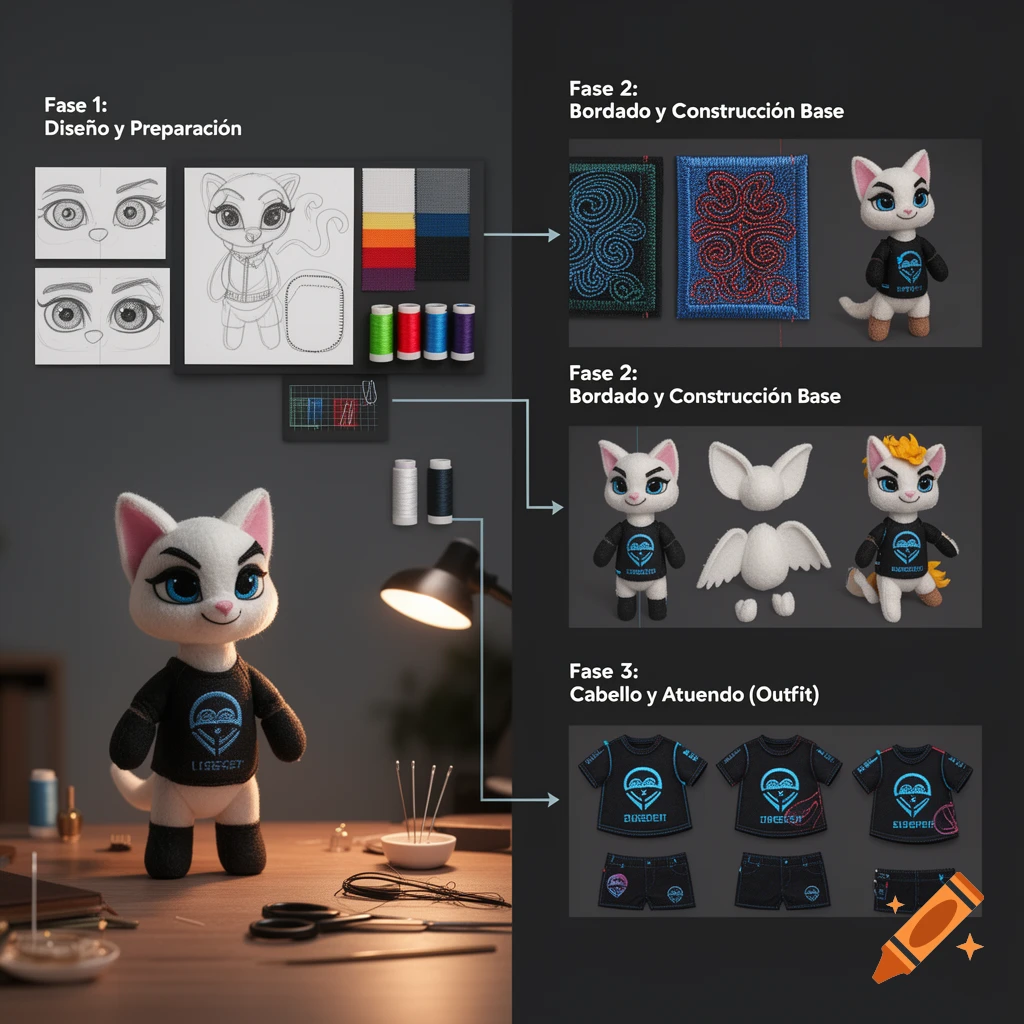 A detailed diagram illustrating the three-phase process of designing and creating a white plush cat toy with blue eyes and a black shirt.