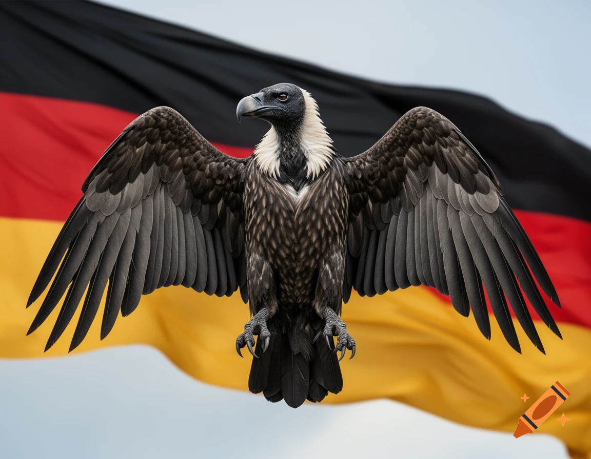 A large, dark vulture with outstretched wings is centered against a blurred, waving German flag background.