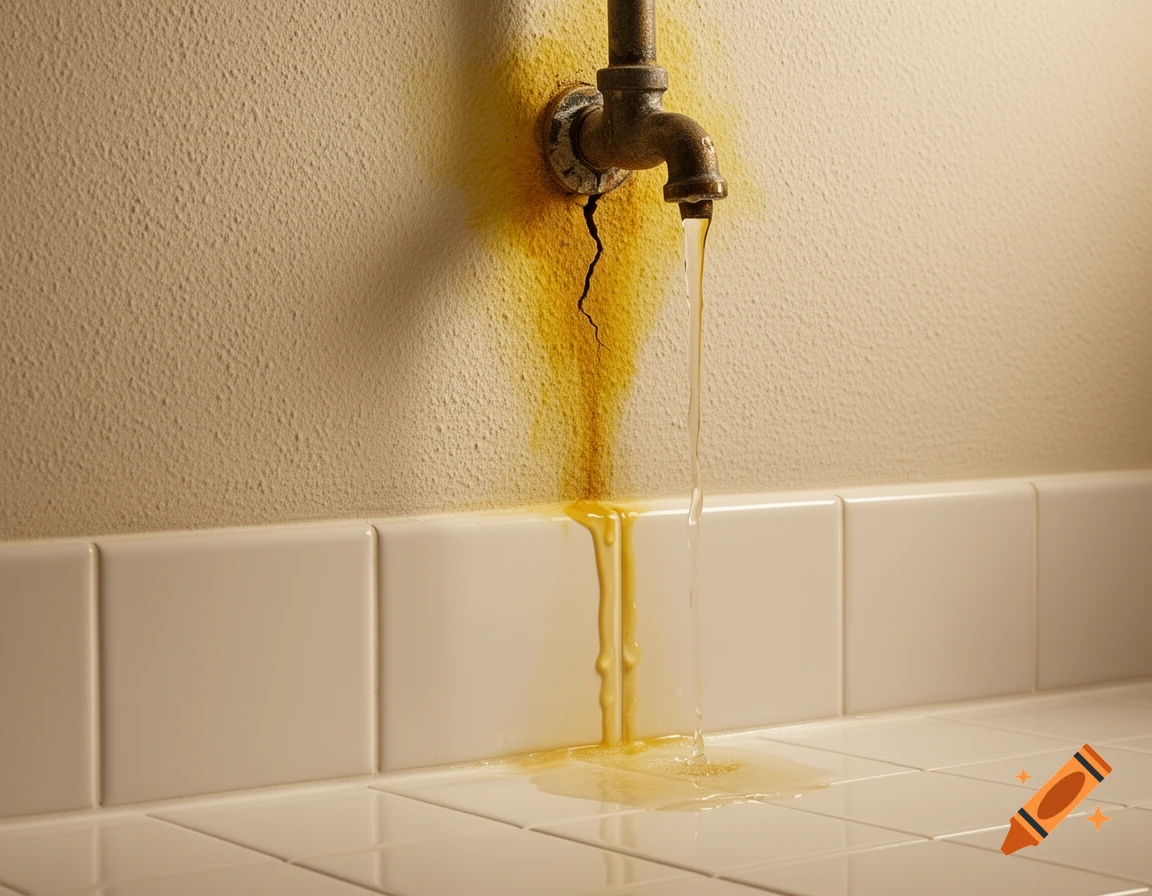 Photorealistic image of a rusty faucet leaking water onto a textured wall, creating a yellow stain above white tiles.