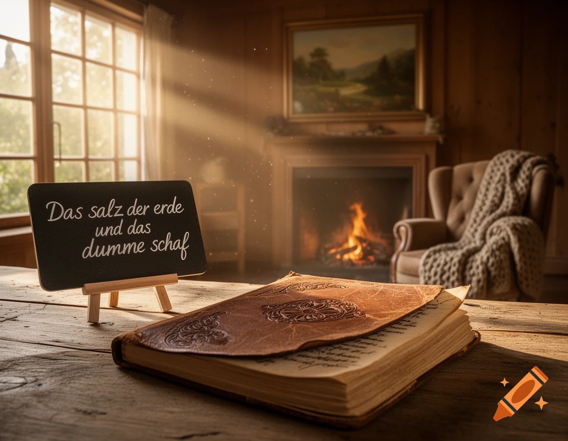 A cozy, sunlit rustic room with a lit fireplace, an armchair, and an old book on a wooden table. A blackboard reads 'Das salz der erde und das dumme schaf'.