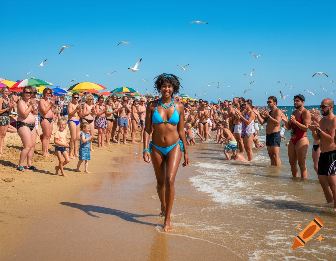 A woman in a blue bikini walks along a sunny beach, smiling, while a crowd of people in swimsuits watch and clap. Seagulls fly overhead.