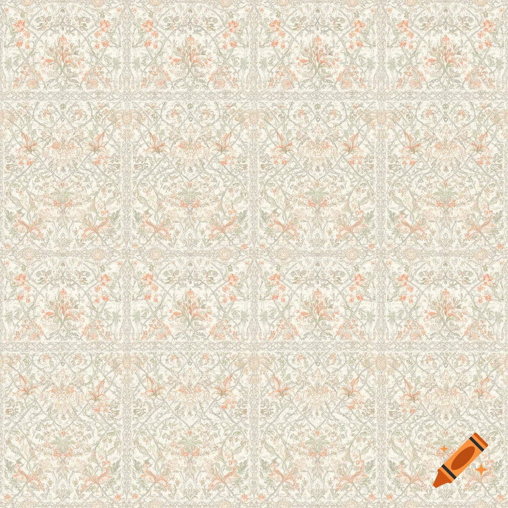 Repeating decorative pattern of intricate light green vines and pale orange flowers on a light background.