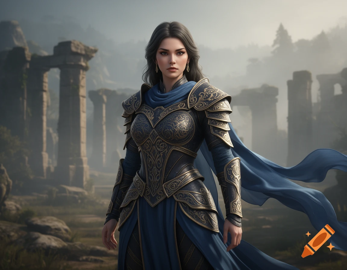A female warrior in elaborate blue and gold armor stands amidst ancient ruins under a misty sky.
